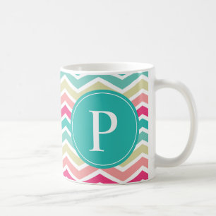 Taza De Café Monograma de Chevron Turquesa Rosa