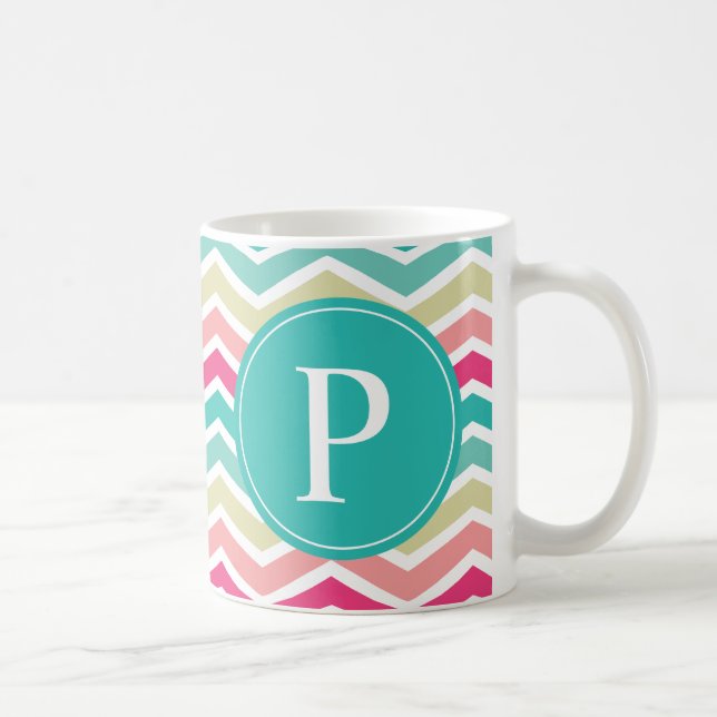 Taza De Café Monograma de Chevron Turquesa Rosa (Derecha)
