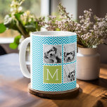 Taza De Café Monograma de Collage de fotos Aqua y Lime Instagra<br><div class="desc">Patrón de cheurón verde y azul - Usa cinco fotos cuadradas para crear un regalo único y personal. O puedes mantener al cachorro hipster y hacer un keepsake de moda. Si necesita ajustar las imágenes,  haga clic en la herramienta personalizar para realizar cambios.</div>