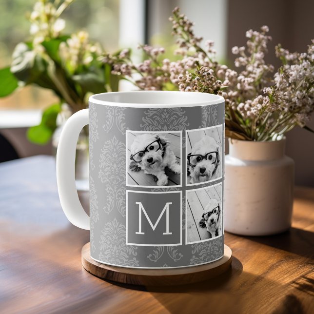 Taza De Café Monograma de Collage de fotos de lino y gris en In (Personalized mug with photos)