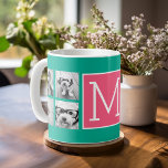 Taza De Café Monograma de Collage de fotos verde azulado y rosa<br><div class="desc">Verde turquesa vibrante y fondo rosado magenta - Se pueden utilizar fotos cuadradas o selfie para este diseño. Usa ocho fotos cuadradas para crear un regalo único y personal. O puedes mantener al cachorro hipster y hacer un keepsake de moda. Si necesita ajustar las imágenes, haga clic en la herramienta...</div>