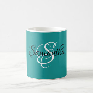 Taza De Café Monograma de color Verde azulado personalizado de