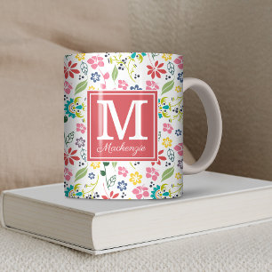 Taza De Café Monograma de coral de flores de primavera bohemias