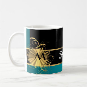 Taza De Café Monograma de cosecha verde azulada verde personali