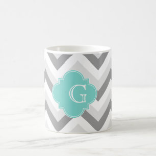 Taza De Café Monograma De Dos Chevron Blanco Gris Aqua