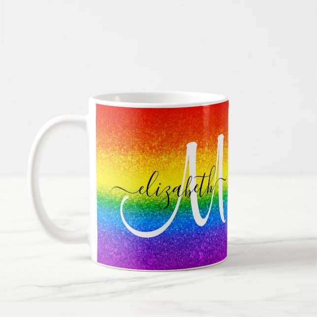 Taza De Café Monograma de escritura de rayas Purpurina arcoiris (Izquierda)
