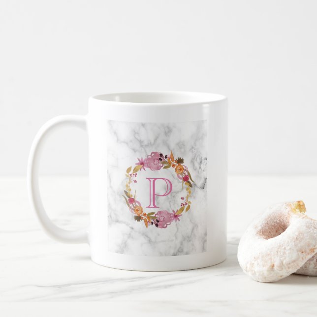 Taza De Café Monograma de espuma floral rosa de bonito (Con donut)