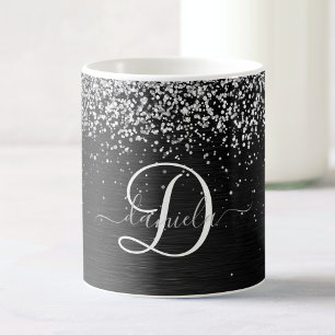 Taza De Café Monograma de espuma negra Purpurina plateado perso