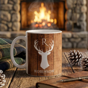 Taza De Café Monograma de familia rústica estilo madera asta de