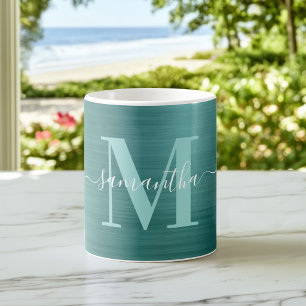 Taza De Café Monograma de firma metálico acuático teal