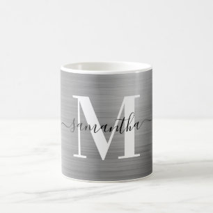 Taza De Café Monograma de Firma Plateada Metálica