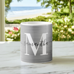 Taza De Café Monograma de Firma Plateada Metálica