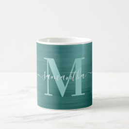 Taza De Café Monograma de firma Verde azulada de Aqua metálico