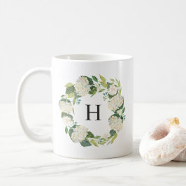 Taza De Café Monograma de flor de hidrangea blanca