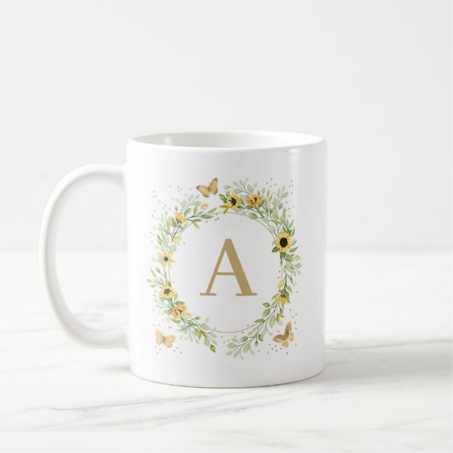 Taza De Café Monograma De Flor De Sol Con Mariposas (Izquierda)