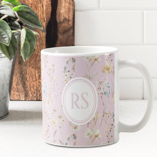 Taza De Café Monograma de Flor Silvestre Rosa Rubor