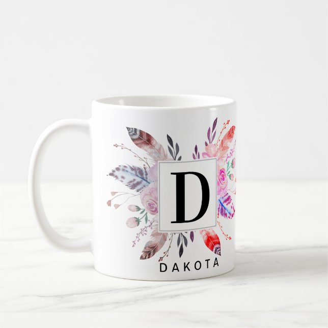 Taza De Café Monograma de flor y floral y diseño de nombre (Izquierda)