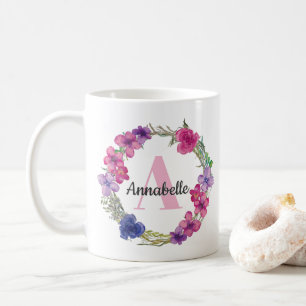 Taza De Café Monograma de floral azul púrpura rosado de verano 