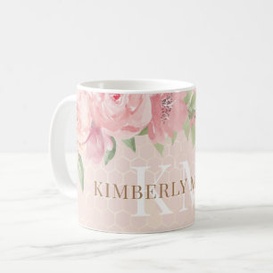Taza De Café Monograma de floral rosa de color de agua dorado R