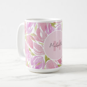Taza De Café Monograma de flores acuarela rosa boho moderno