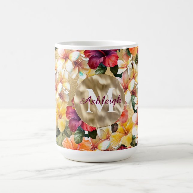 Taza De Café Monograma de flores de hibiscus amarillo tropical (Centro)