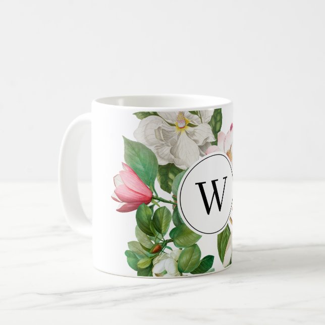 Taza De Café Monograma de flores de magnolia de color blanco y  (Anverso izquierdo)