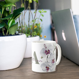 Taza De Café Monograma de Flores de Orquídea Blanca Delicada