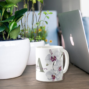 Taza De Café Monograma de Flores de Orquídea Blanca Delicada