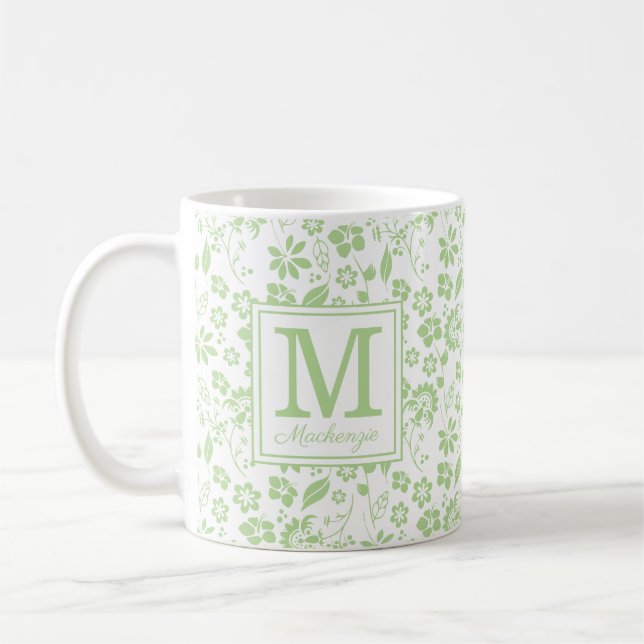 Taza De Café Monograma de Flores Tropicales Girly Lime Green (Izquierda)