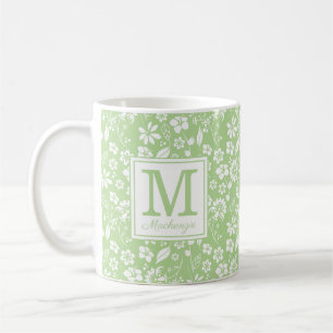 Taza De Café Monograma de Flores Tropicales Lime Green