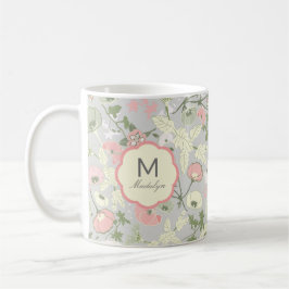 Taza De Café Monograma de Flores Verdes Rojas Monogramadas