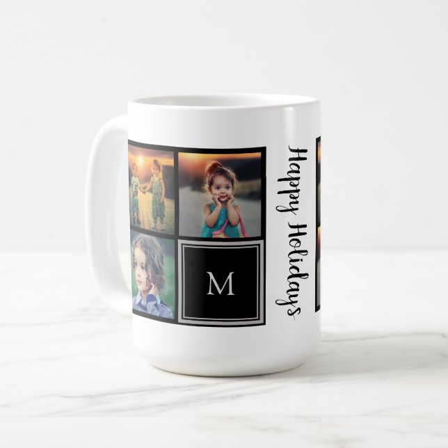 Taza De Café Monograma de fotos familiares Felices fiestas (Anverso izquierdo)