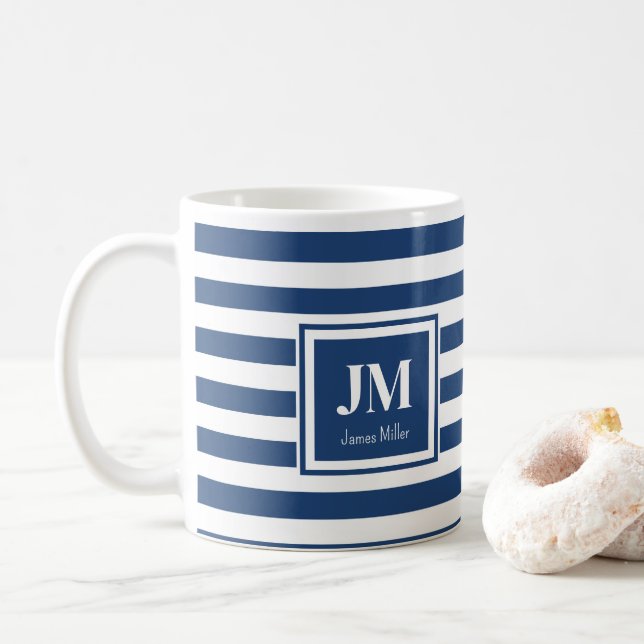 Taza De Café Monograma de franjas náuticas azules y blancas (Con donut)