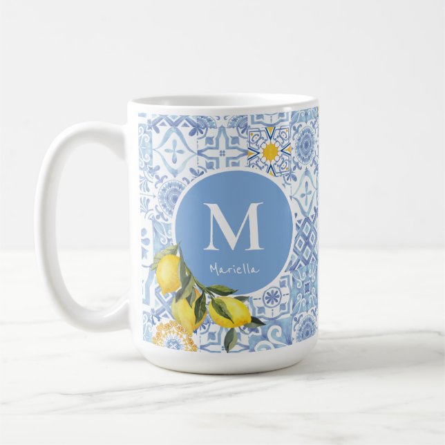 Taza De Café Monograma de fruta de limón, azulejo azul (Izquierda)