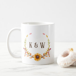Taza De Café Monograma de girasol ruso otoñal
