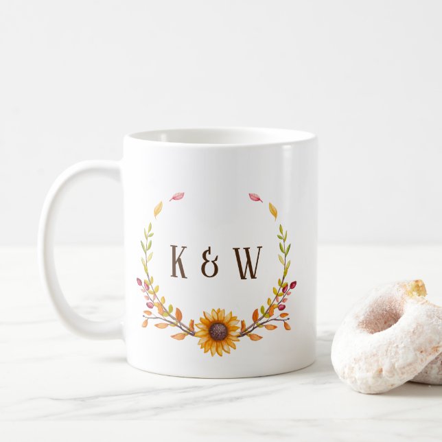 Taza De Café Monograma de girasol ruso otoñal (Con donut)