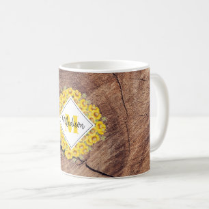 Taza De Café Monograma de girasoles y madera rústica