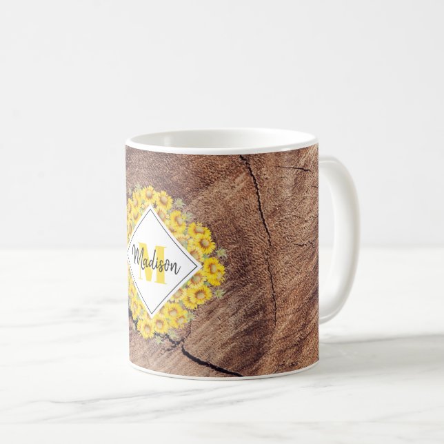 Taza De Café Monograma de girasoles y madera rústica (Anverso derecho)