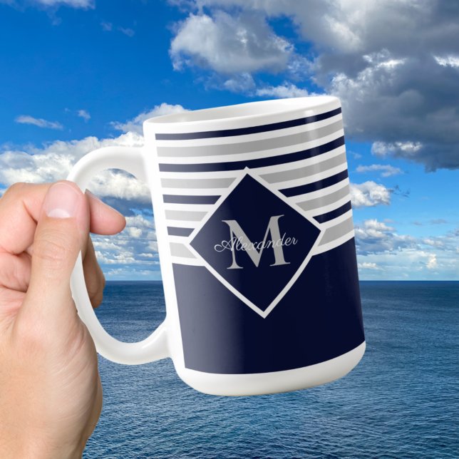 Taza De Café Monograma de gris azul de la marina náutica modern (Subido por el creador)