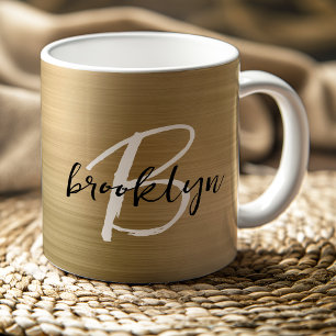 Taza De Café Monograma de guión blanco negro de metal cepillado