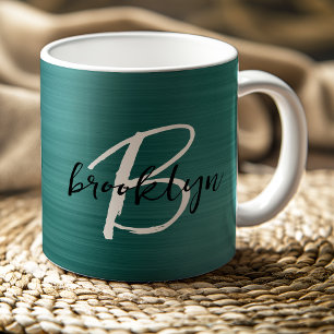 Taza De Café Monograma de guión blanco negro de metal cepillado