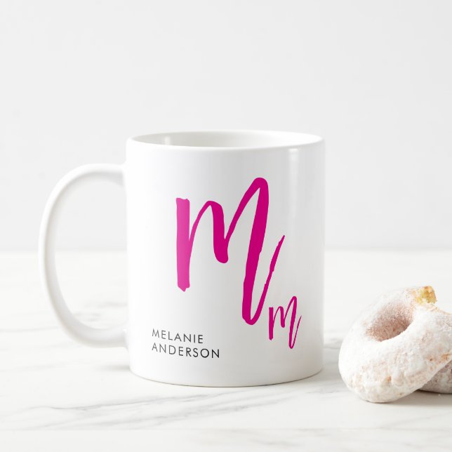 Taza De Café Monograma de guiones negro y rosa (Con donut)