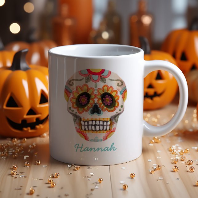 Taza De Café Monograma de Halloween con la acuarela del cráneo  (Unveiling the Monogram Watercolor Sugar Skull Halloween Mug is a must-have)
