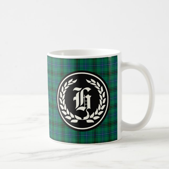 Taza De Café Monograma de Henderson Clan Green y Blue Tartan (Derecha)