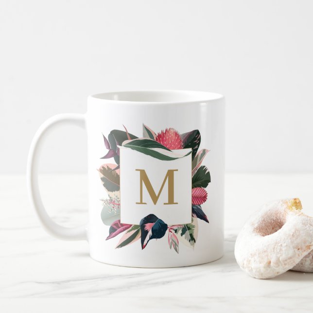 Taza De Café Monograma de Hogares Variados Tropicales Rosa (Con donut)
