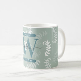 Taza De Café Monograma de hojas botánicas verdes verde azuladas