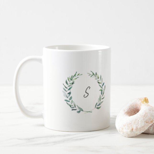 Taza De Café Monograma de hojas de la rama de olivo de acuarela (Con donut)