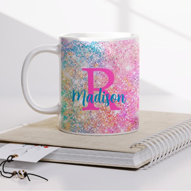Taza De Café Monograma de imitación rosa de iridiscino blanco u (Subido por el creador)