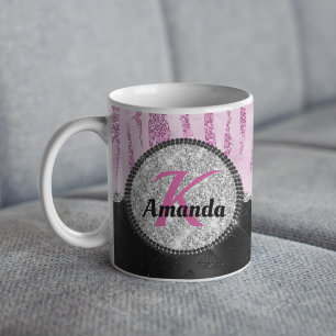 Taza De Café Monograma de impresión animal purpurina negro rosa