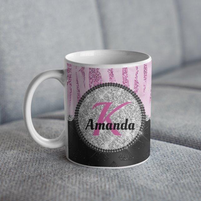 Taza De Café Monograma de impresión animal purpurina negro rosa (Subido por el creador)